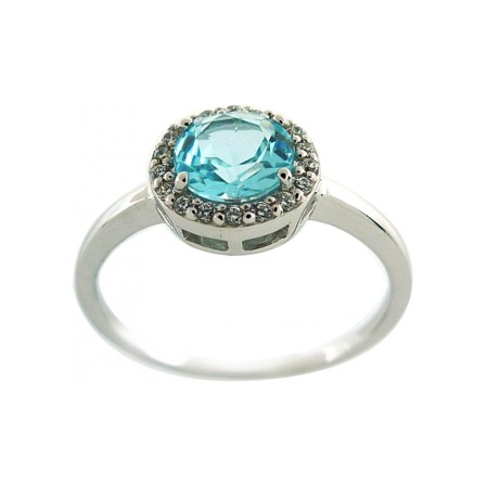 Round Blue Topaz Ring with Cubic Zirconias - Click Image to Close